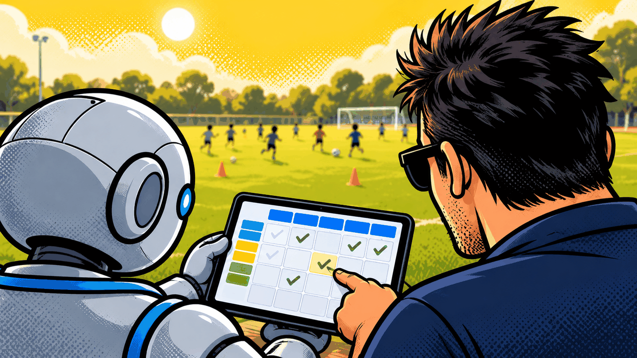 Crassus and Mike check a session calendar beside a junior football pitch