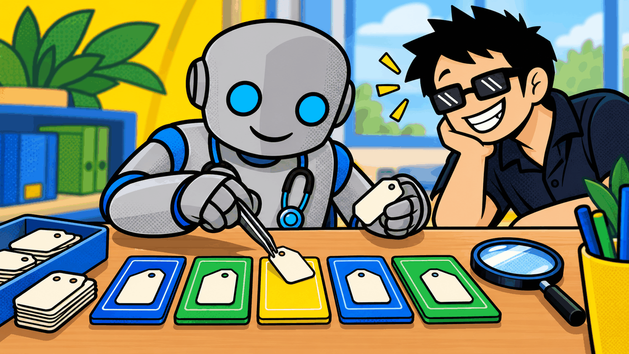 Crassus sorting price tags while Mike looks on